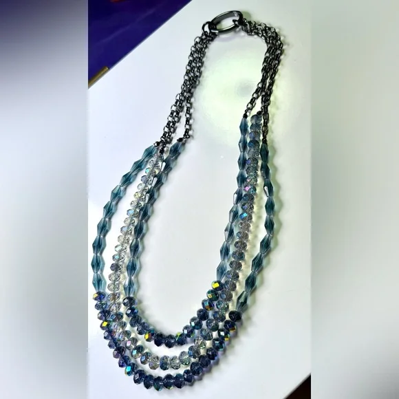 3 strand Beaded Blue Crystal Layered Necklace on Gunmetal 22” oval clasp - Picture 3 of 5
